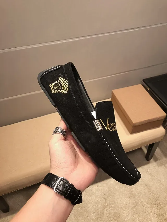 Versace Black Gold Suede Upper Logo Embroidery Loafer 4