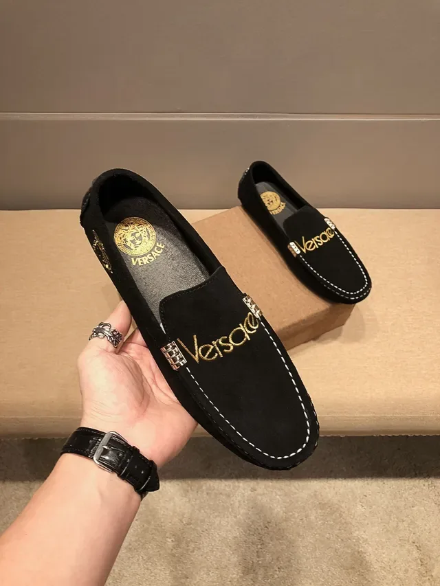 Versace Black Gold Suede Upper Logo Embroidery Loafer 5
