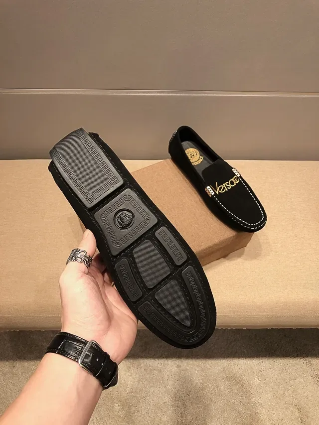Versace Black Gold Suede Upper Logo Embroidery Loafer 7