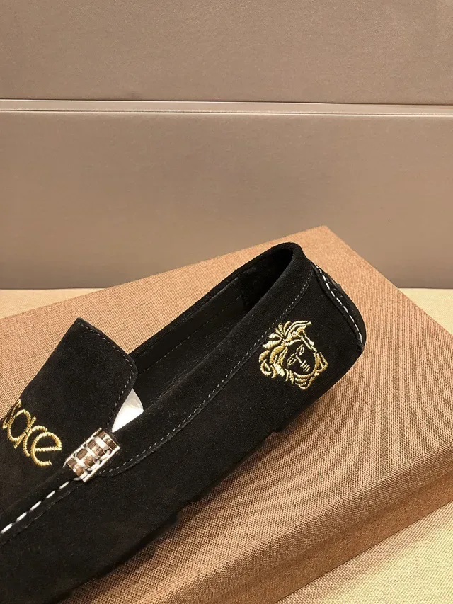 Versace Black Gold Suede Upper Logo Embroidery Loafer 8