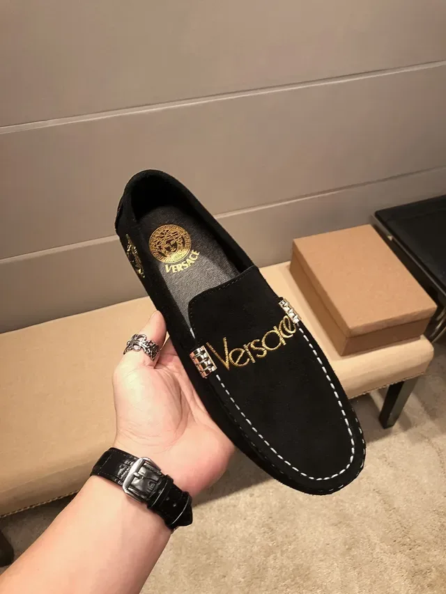Versace Black Gold Suede Upper Logo Embroidery Loafer 9