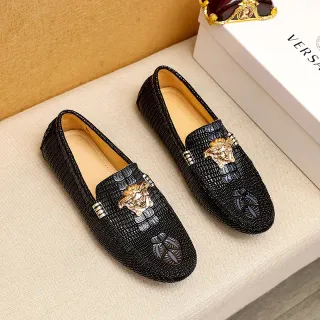 Versace काला सोने का बुना चमड़ा मेडूसा हेड हार्डवेयर लोफर