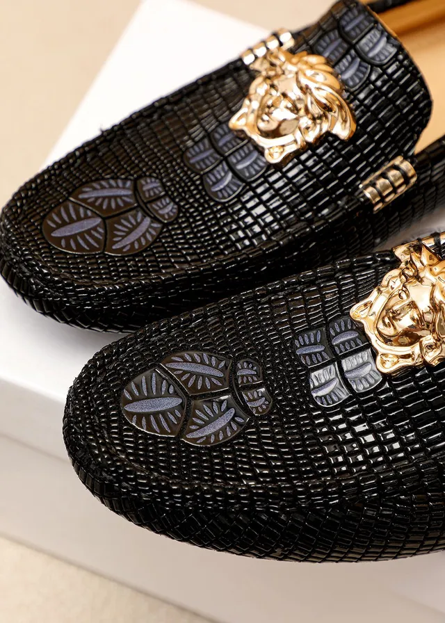Versace Preto Dourado Couro Tricotado Cabeça Medusa Ferragens Mocassim 4
