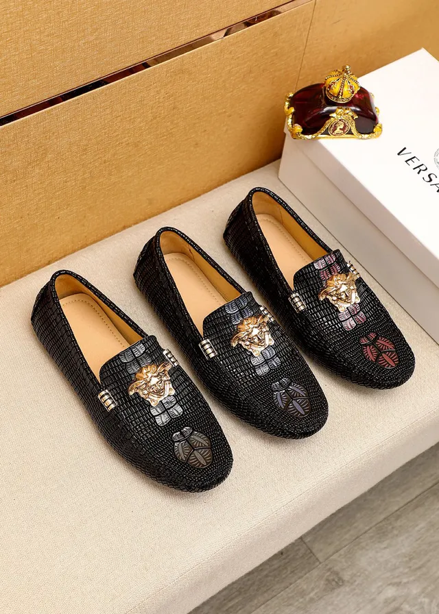 Versace Preto Dourado Couro Tricotado Cabeça Medusa Ferragens Mocassim 6