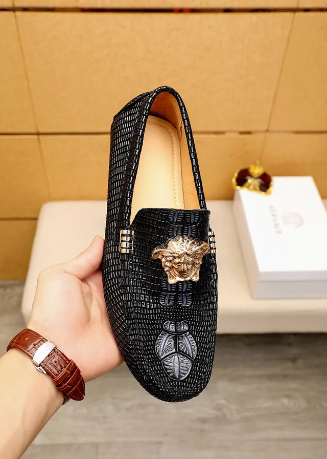 Versace Preto Dourado Couro Tricotado Cabeça Medusa Ferragens Mocassim 7