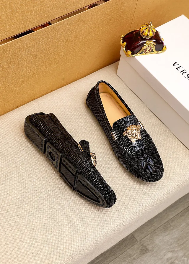 Versace Preto Dourado Couro Tricotado Cabeça Medusa Ferragens Mocassim 9