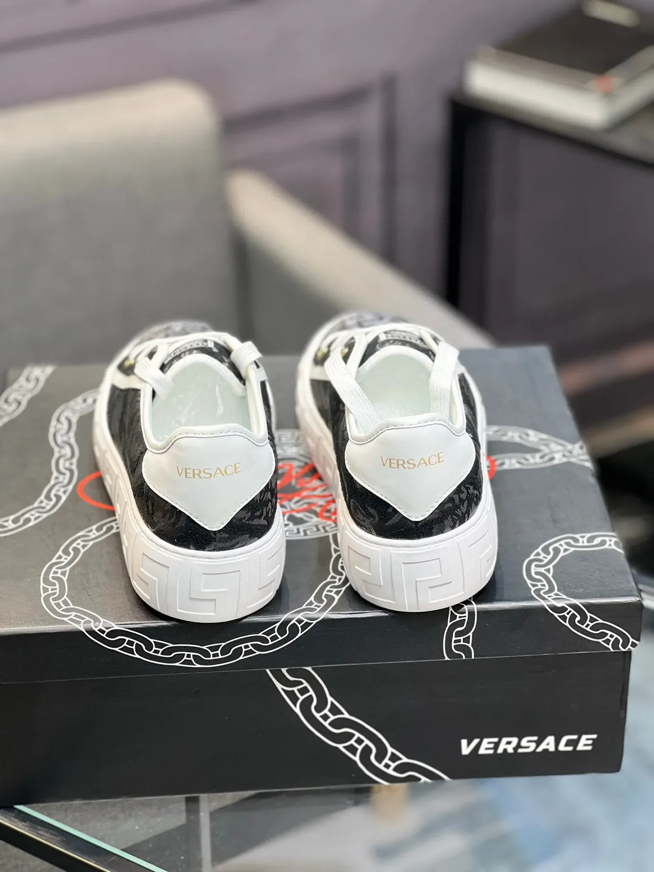 Versace Cadeia de Reação Preto Barroco Jacquard Estilo de Vida Tênis 2