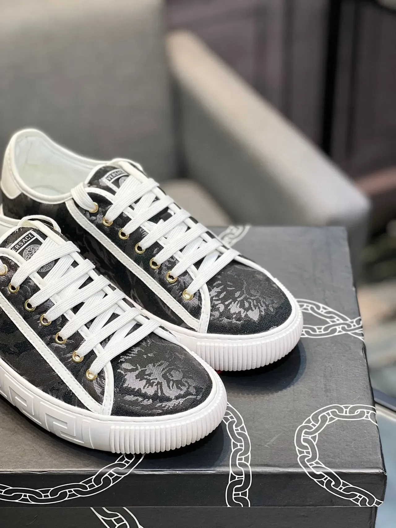 Versace Cadeia de Reação Preto Barroco Jacquard Estilo de Vida Tênis 4