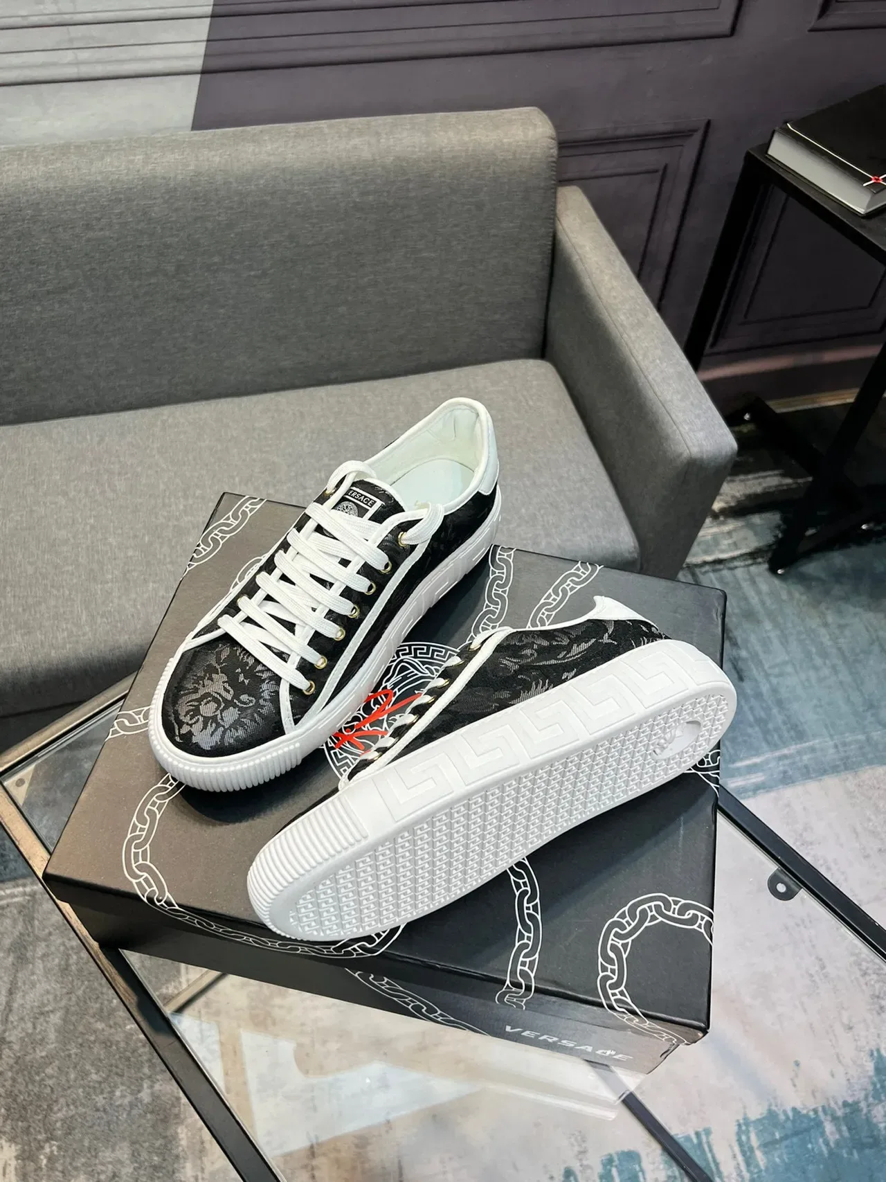Versace Cadeia de Reação Preto Barroco Jacquard Estilo de Vida Tênis 6