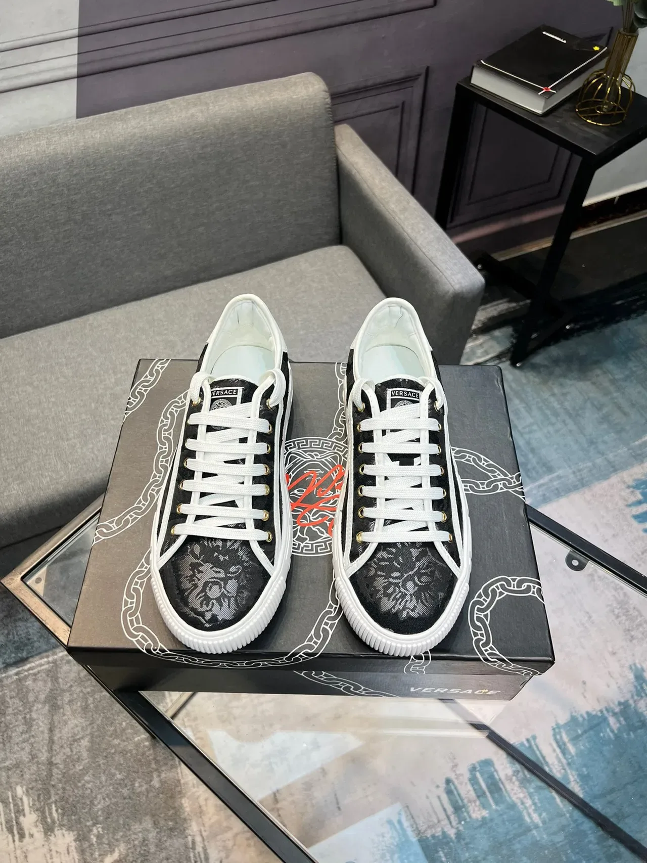 Versace Cadeia de Reação Preto Barroco Jacquard Estilo de Vida Tênis 7