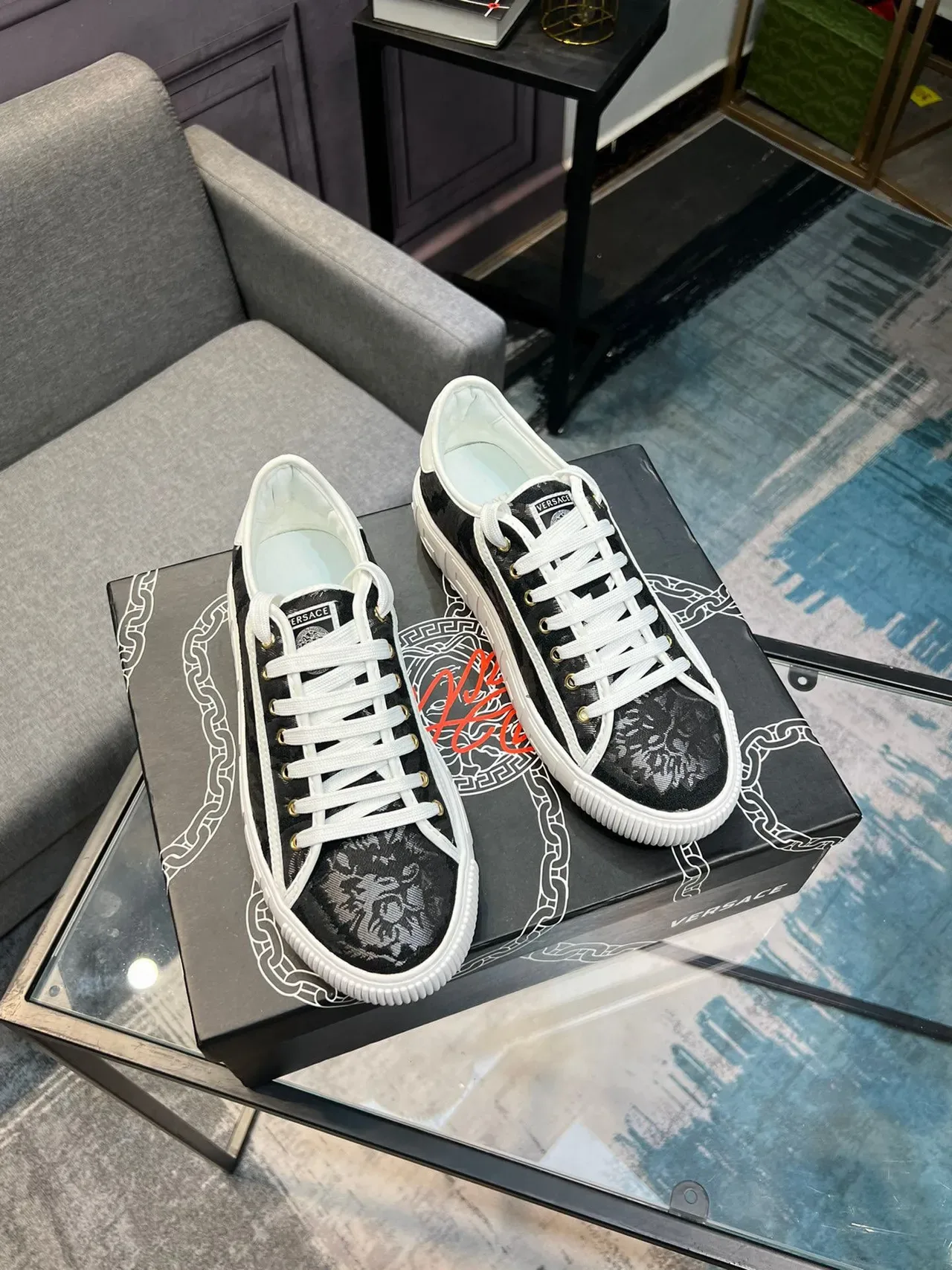 Versace Cadeia de Reação Preto Barroco Jacquard Estilo de Vida Tênis 8