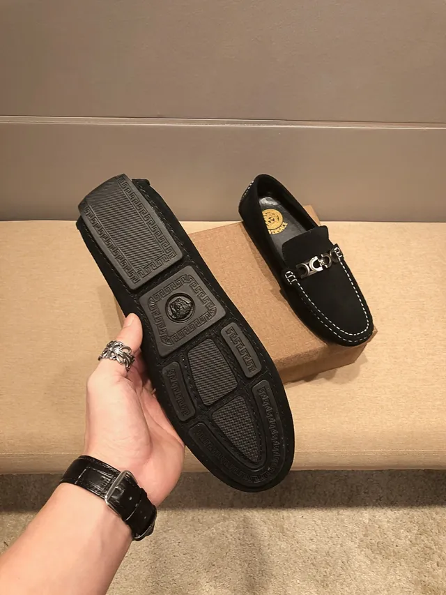 Versace Chain Reaction Noir Or Style Imitation Daim Supérieur Couture Contraste Blanc Mocassin 3