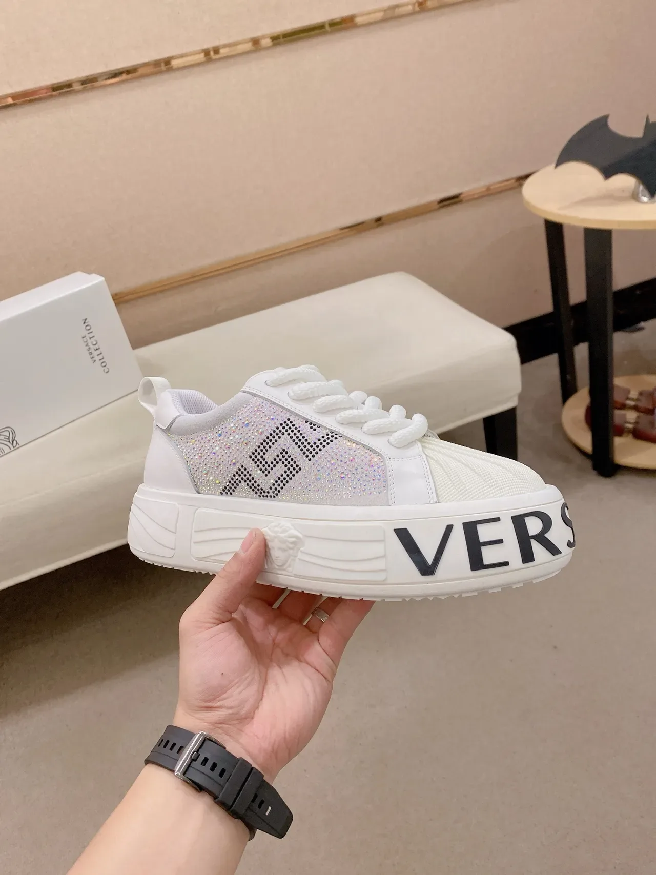 Versace Chain Reaction Crystal-Embellished White Chunky Sneakers 4