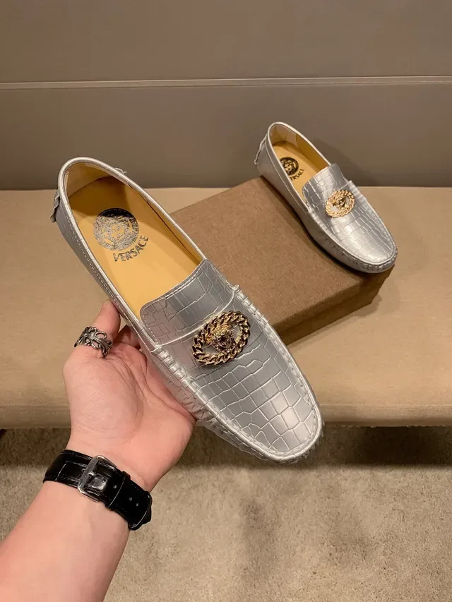 Versace Chain Reaction Metallic Croc-Embossed Loafers 3