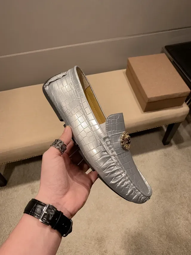 Versace Chain Reaction Metallic Croc-Embossed Loafers 4