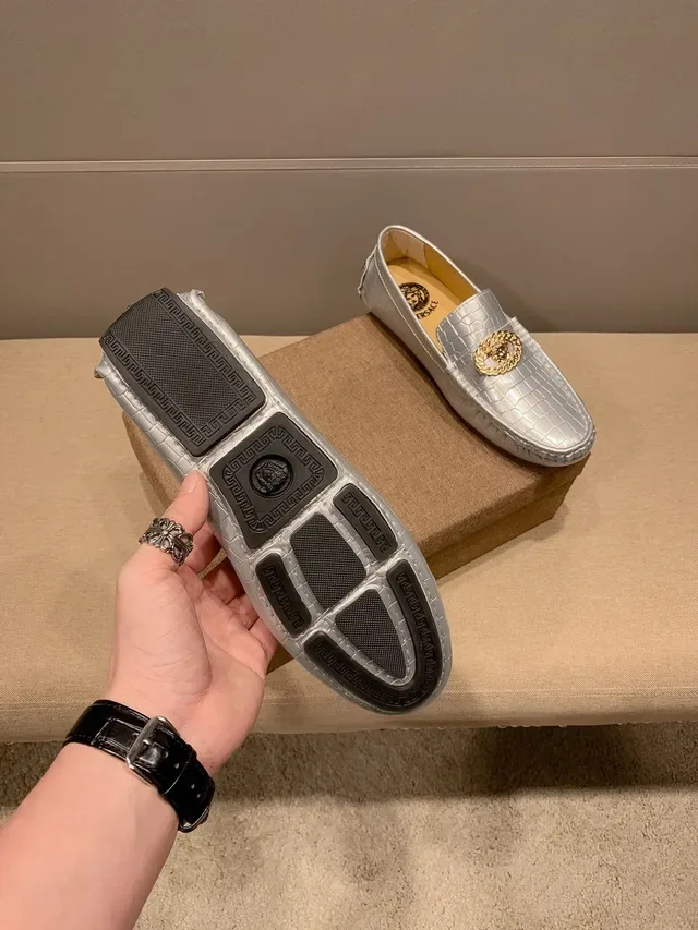 Versace Chain Reaction Metallic Croc-Embossed Loafers 7