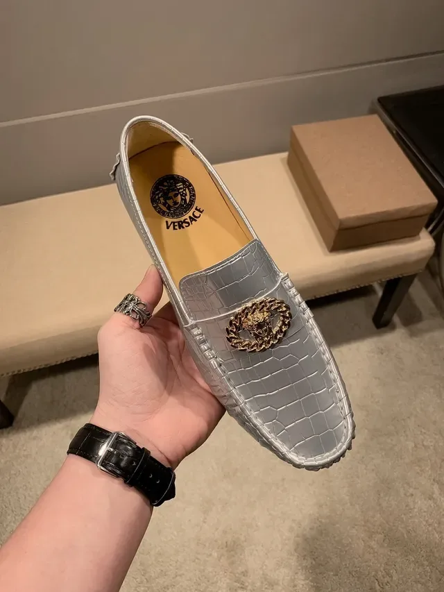 Versace Chain Reaction Metallic Croc-Embossed Loafers 8