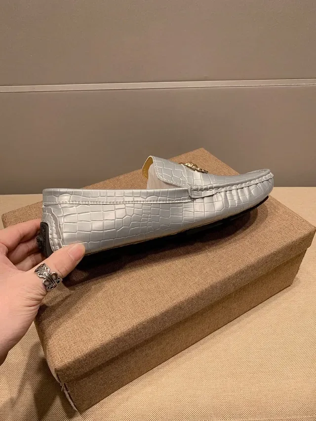 Versace Chain Reaction Metallic Croc-Embossed Loafers 9