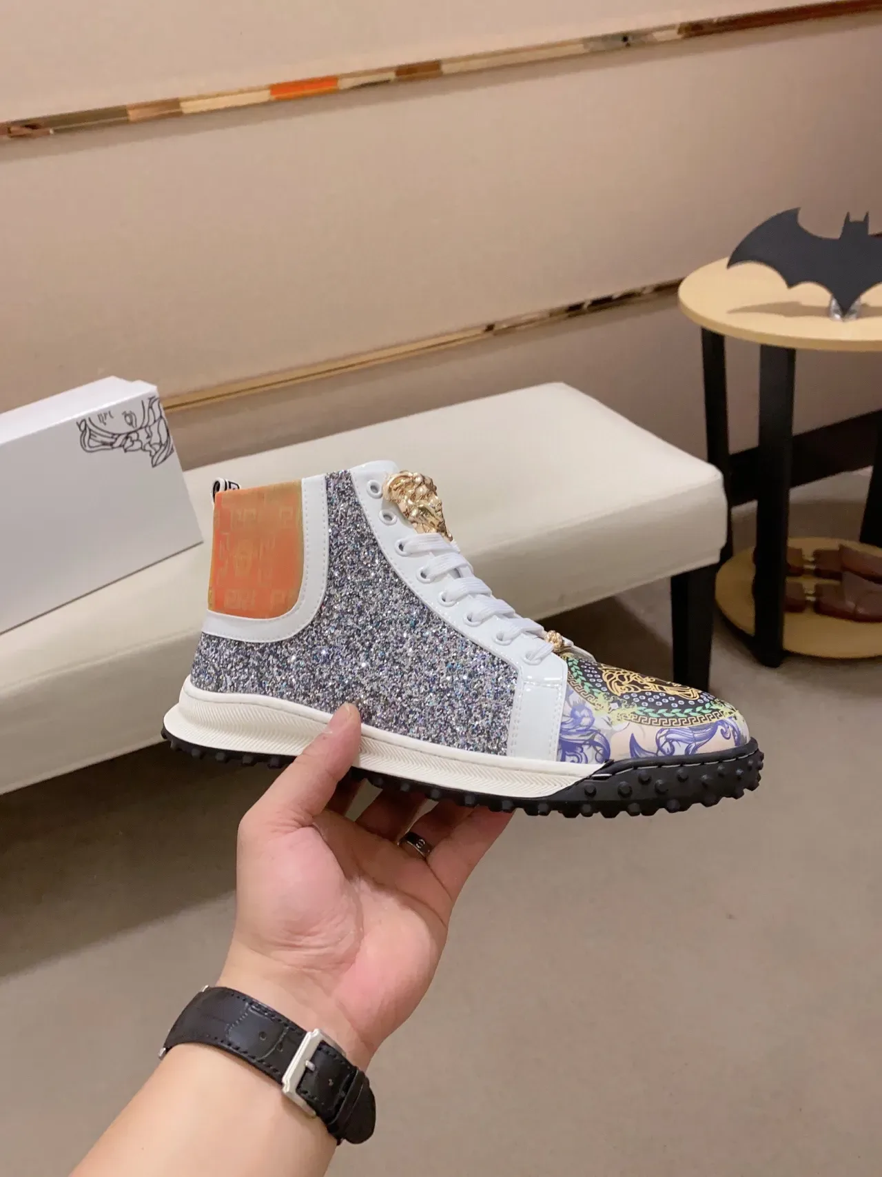 Versace Chain Reaction Multicolore Argent Chaussures Lifestyle à Talon Haut avec Panneaux Scintillants 7