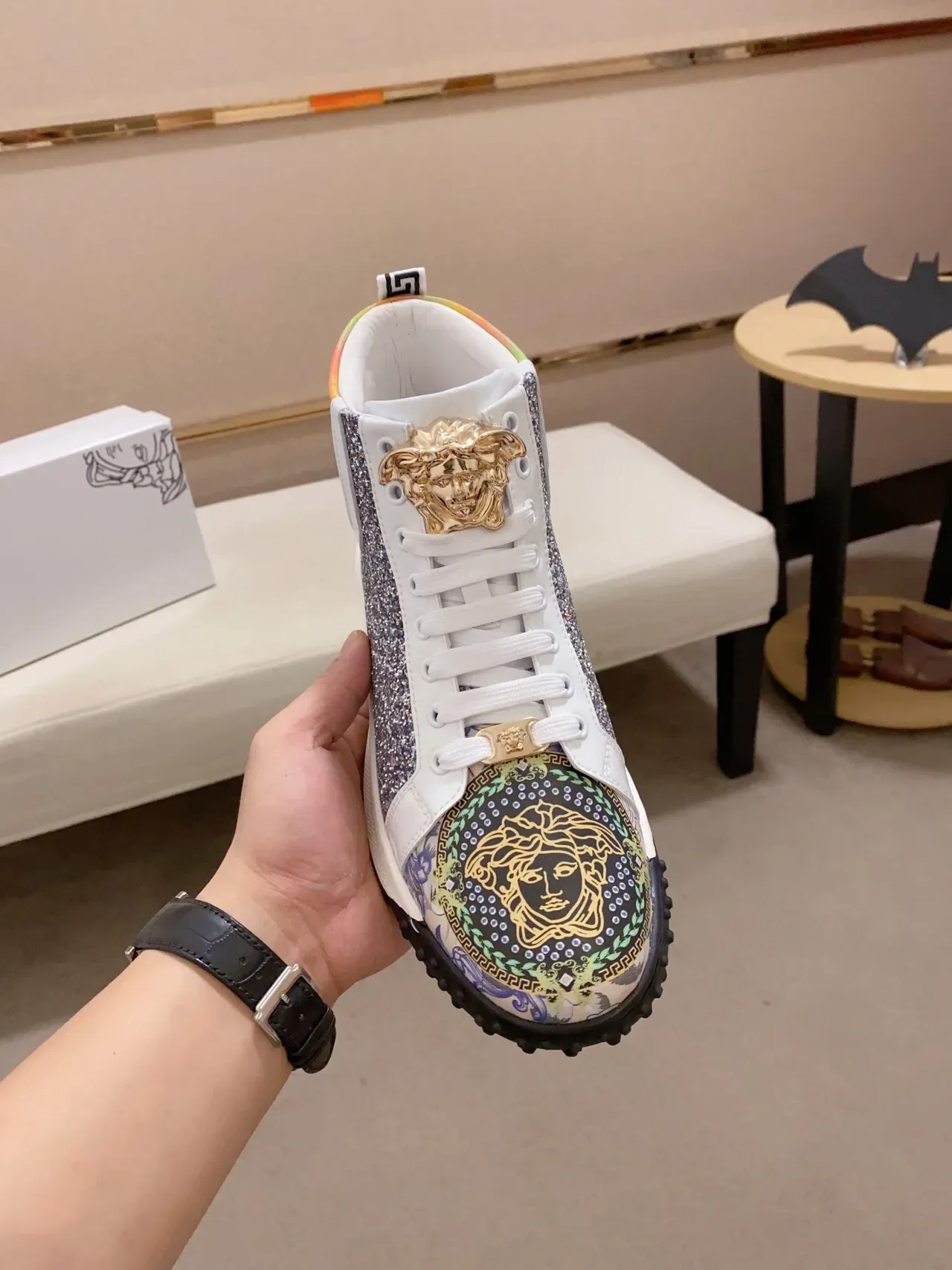 Versace Chain Reaction Multicolore Argent Chaussures Lifestyle à Talon Haut avec Panneaux Scintillants 8