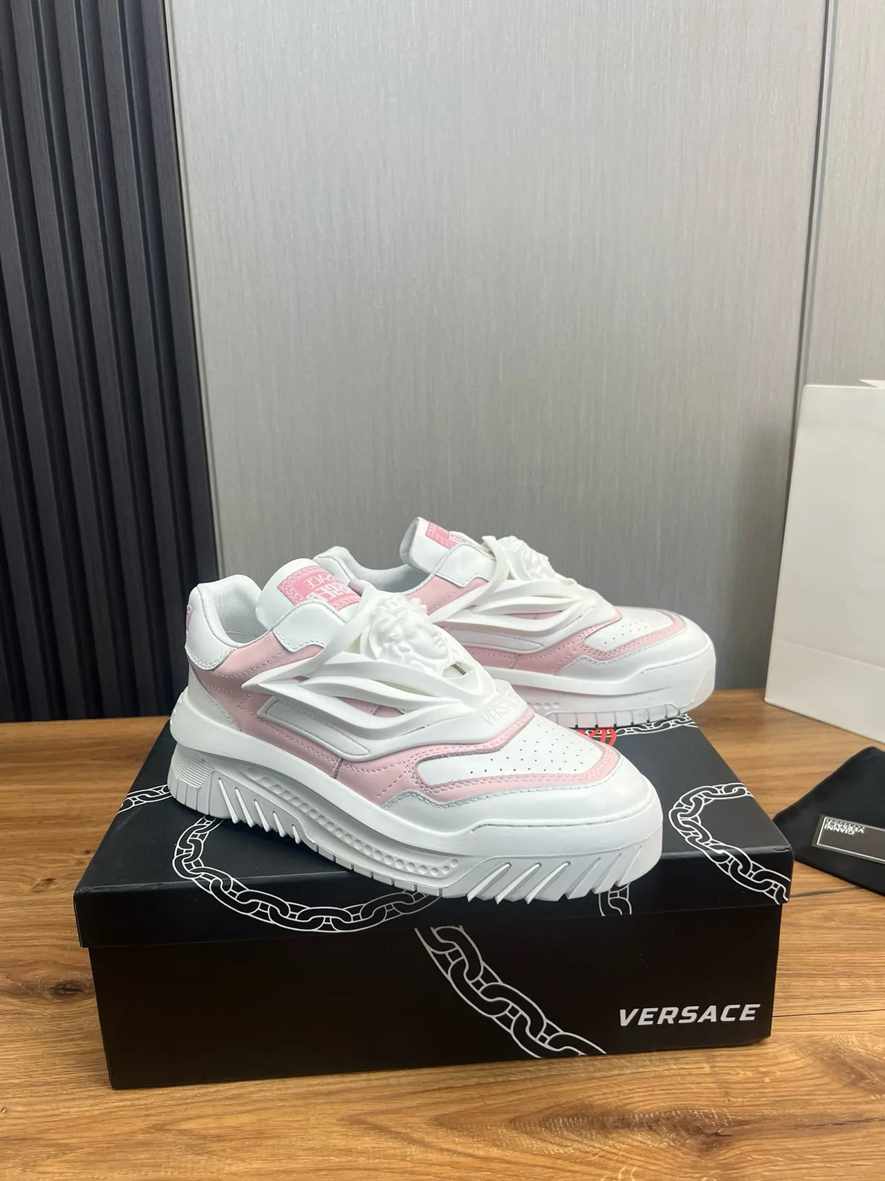 Versace Chain Reaction Pink and White Chunky Sneakers 2