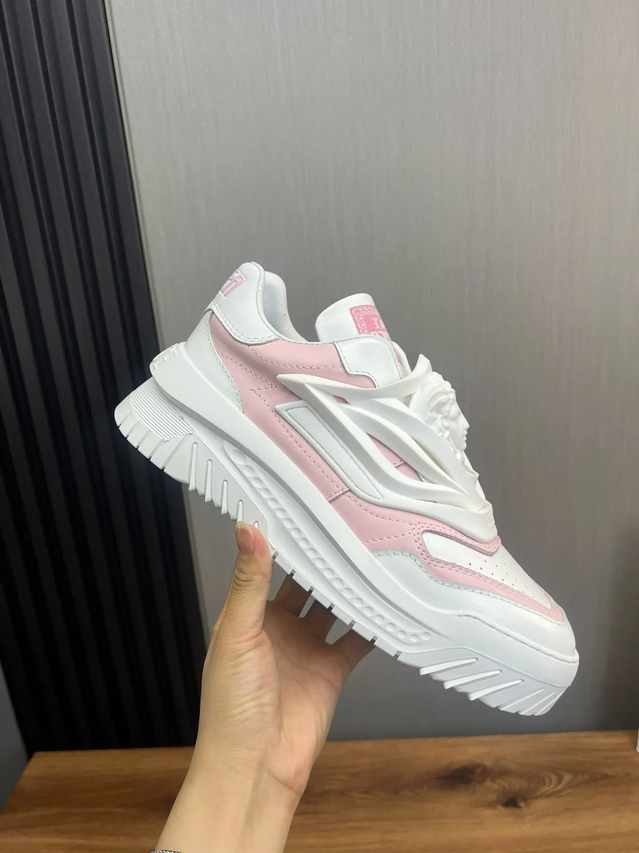 Versace Chain Reaction Pink and White Chunky Sneakers 4