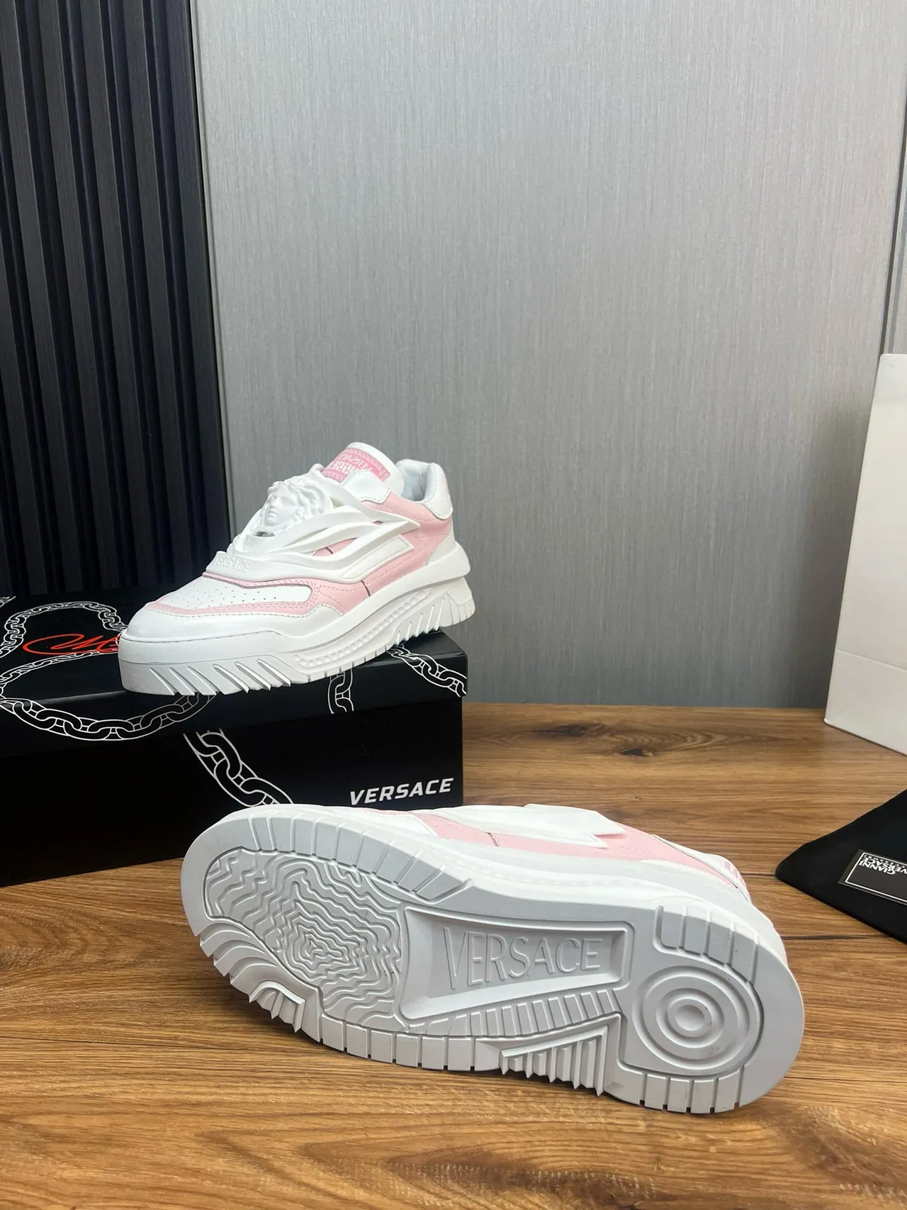 Versace Chain Reaction Pink and White Chunky Sneakers 9