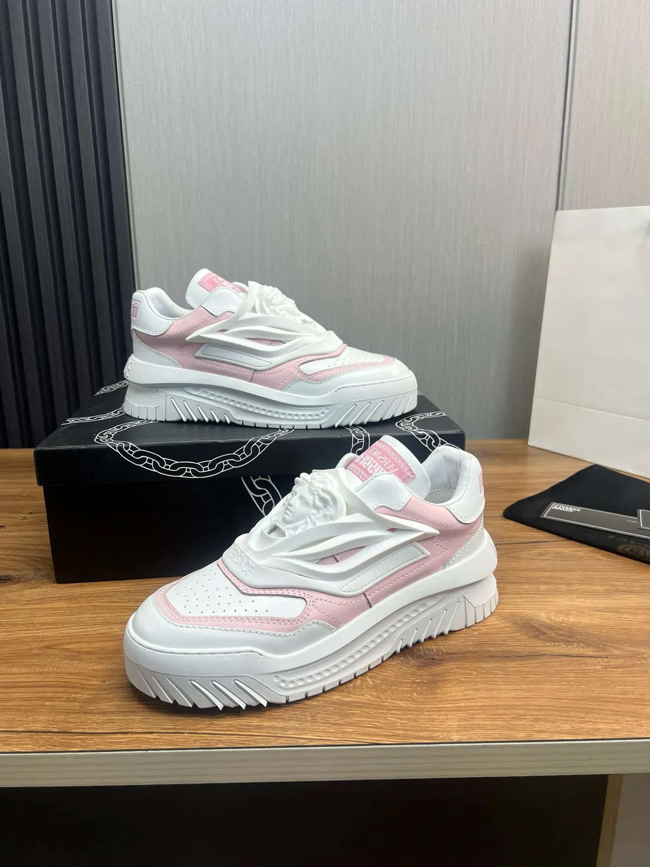Versace Chain Reaction Pink and White Chunky Sneakers 10