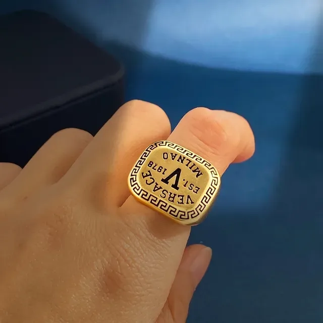 Versace Gold Signet-Style Engraved Greca Border Ring 4