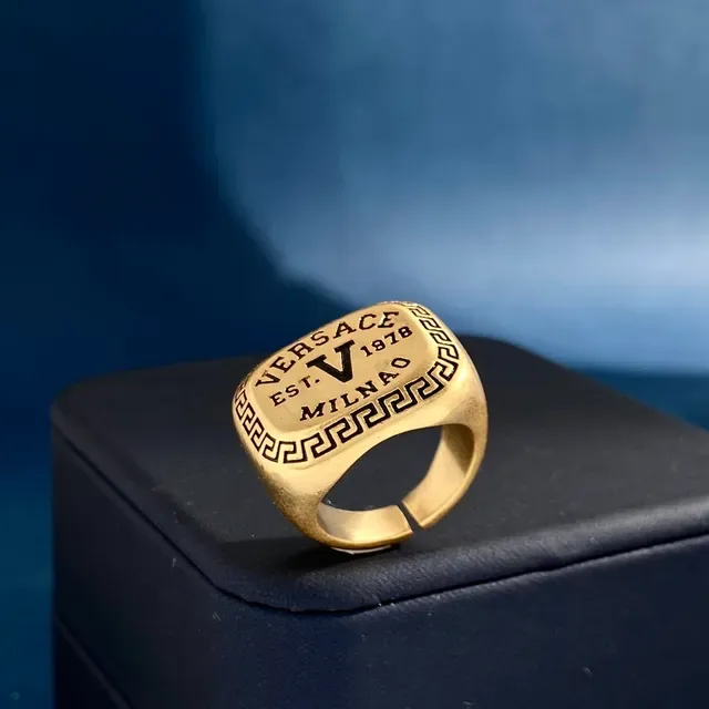 Versace Gold Signet-Style Engraved Greca Border Ring 6