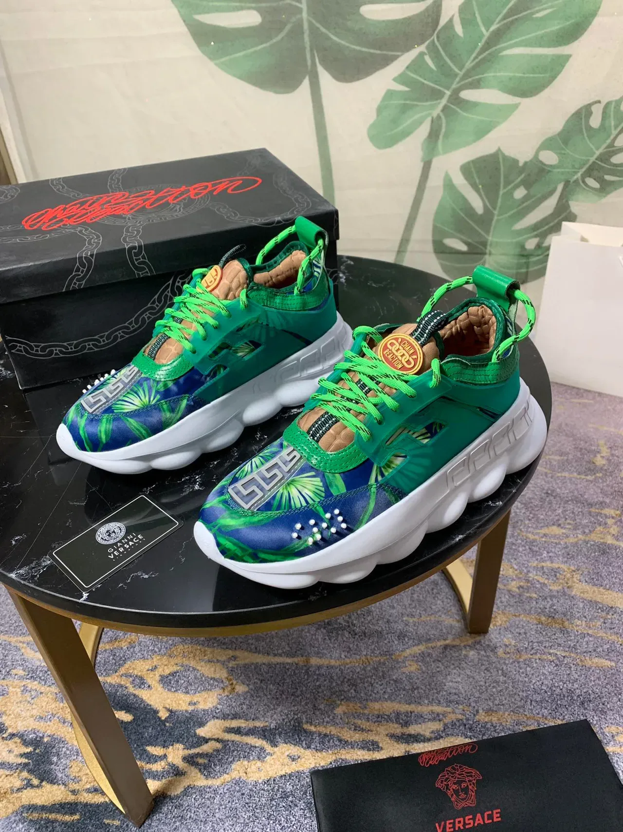Versace Green Blue Sole Tropical Print Upper Chunky Sneakers 9