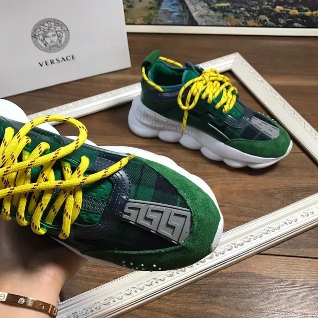 Versace Green Yellow Sculpted Sole Greca Key Motif Chunky Sneakers 2