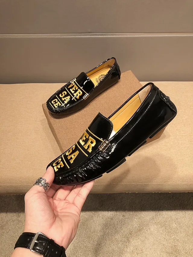 Versace Logo Loafer Black Gold Patent Leather Loafers 7