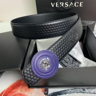 Versace Medusa काला नीला षट्भुज क्विल्टेड हेड बकल चमड़े का बेल्ट