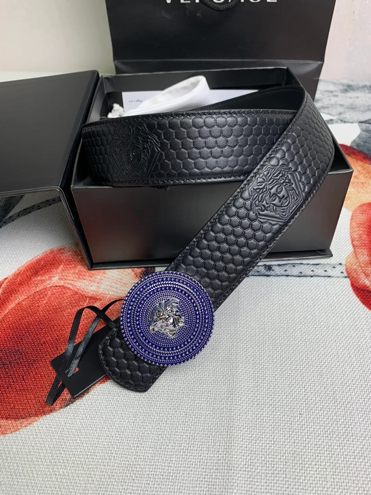 Cinto Versace Medusa Preto Azul Hexagonal Matelassado Cabeça Fivela Couro Cinto 2