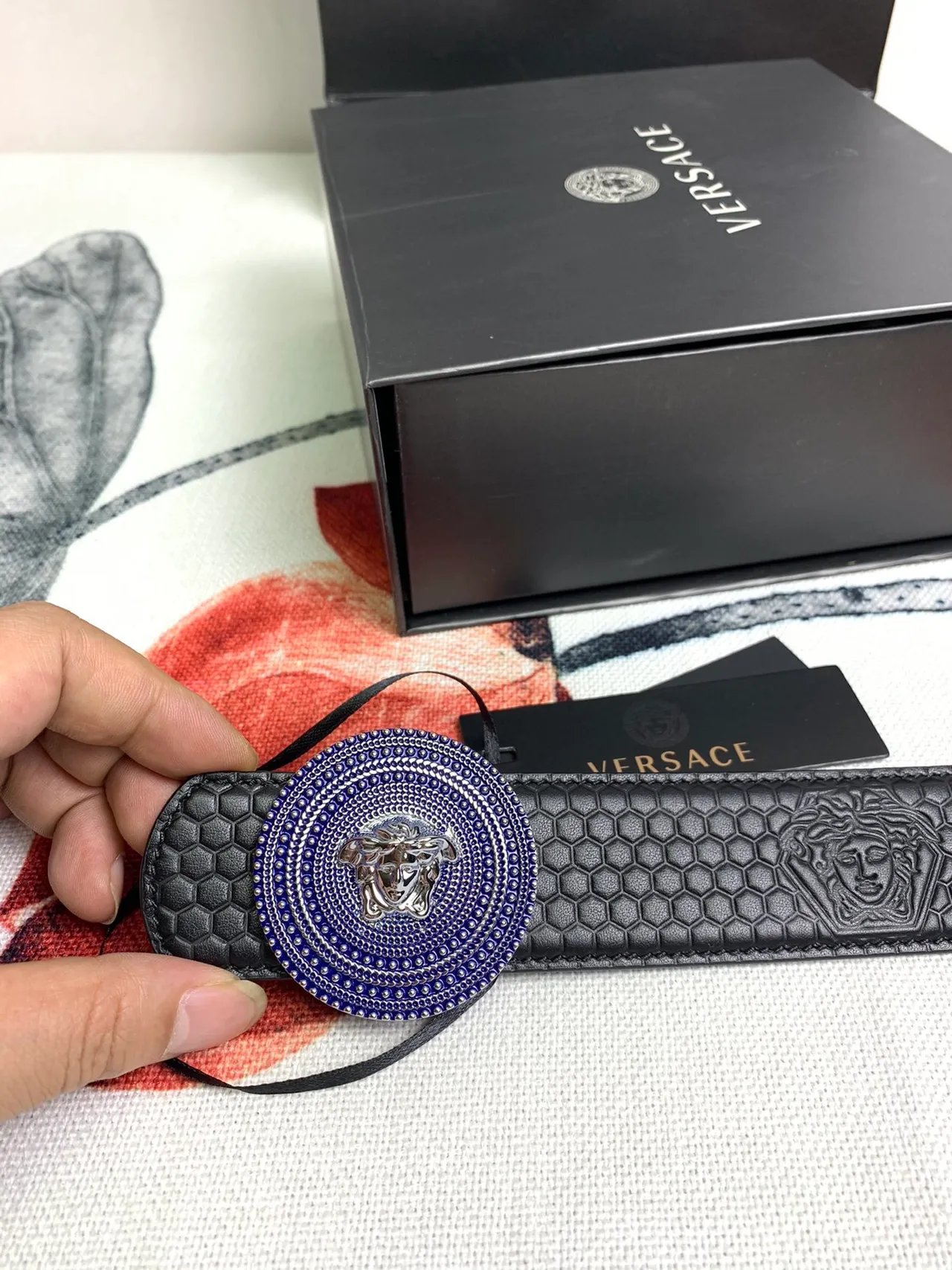 Cinto Versace Medusa Preto Azul Hexagonal Matelassado Cabeça Fivela Couro Cinto 5