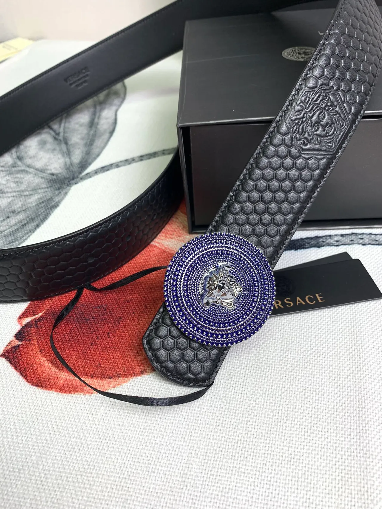 Cinto Versace Medusa Preto Azul Hexagonal Matelassado Cabeça Fivela Couro Cinto 6