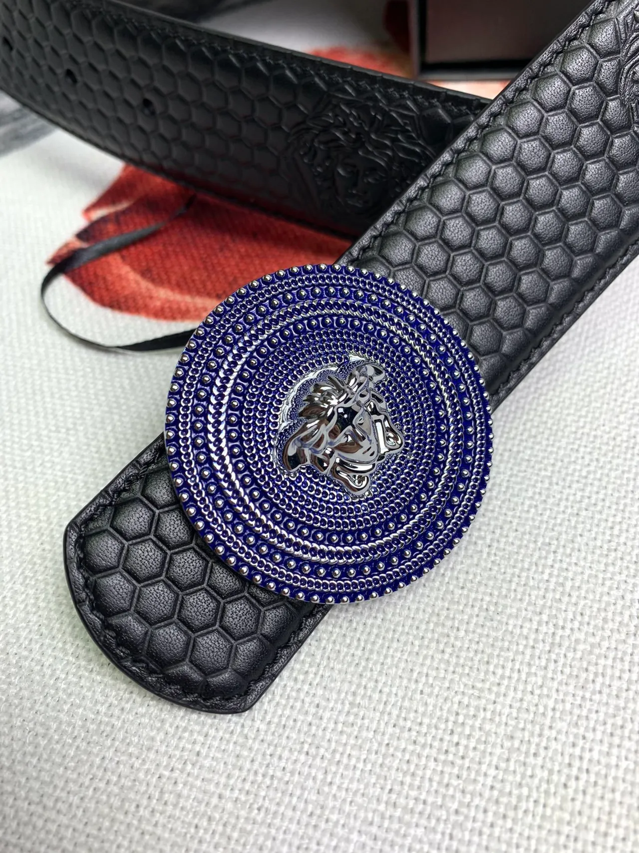 Cinto Versace Medusa Preto Azul Hexagonal Matelassado Cabeça Fivela Couro Cinto 7