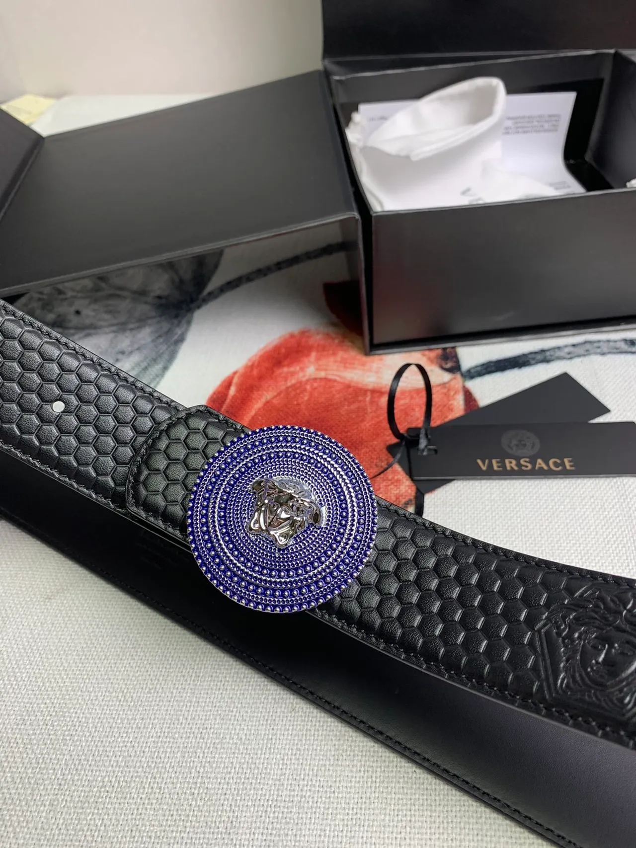 Cinto Versace Medusa Preto Azul Hexagonal Matelassado Cabeça Fivela Couro Cinto 8