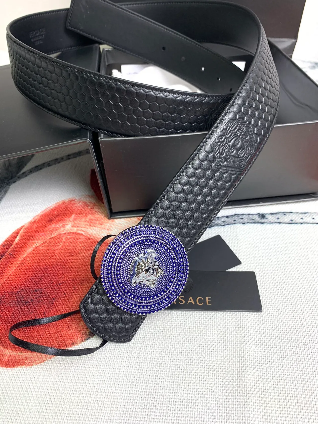 Cinto Versace Medusa Preto Azul Hexagonal Matelassado Cabeça Fivela Couro Cinto 9