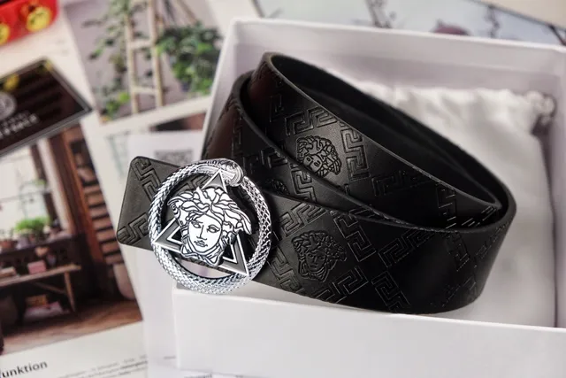 Versace Medusa Belt Black Silver Embossed Greca Pattern Head Buckle Leather Belt 2