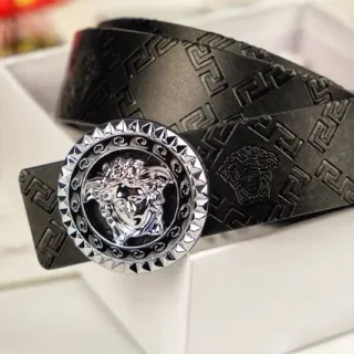 Versace Medusa Belt Black Silver Embossed Greca Pattern Polished Buckle Leather Belt