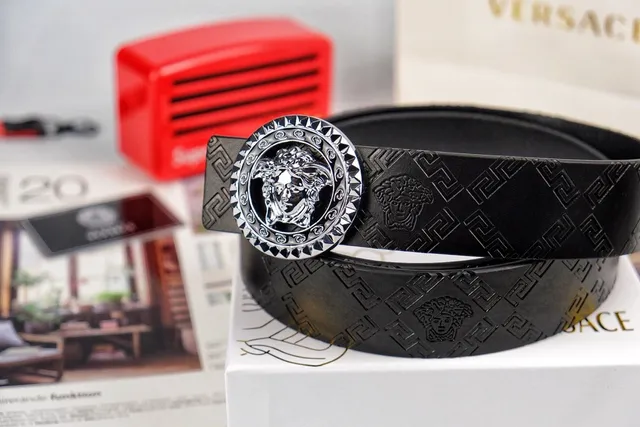 Versace Medusa Belt Black Silver Embossed Greca Pattern Polished Buckle Leather Belt 2