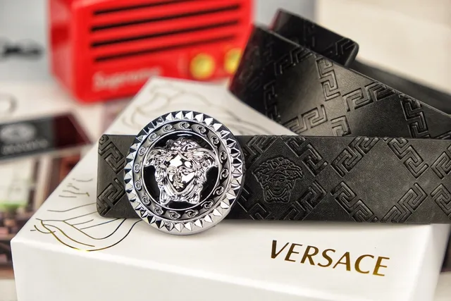 Versace Medusa Belt Black Silver Embossed Greca Pattern Polished Buckle Leather Belt 4