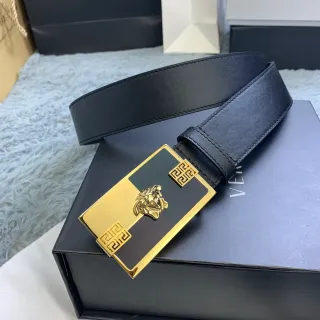Versace Odissea काला सोना चिकना आयताकार बकल चमड़े का बेल्ट