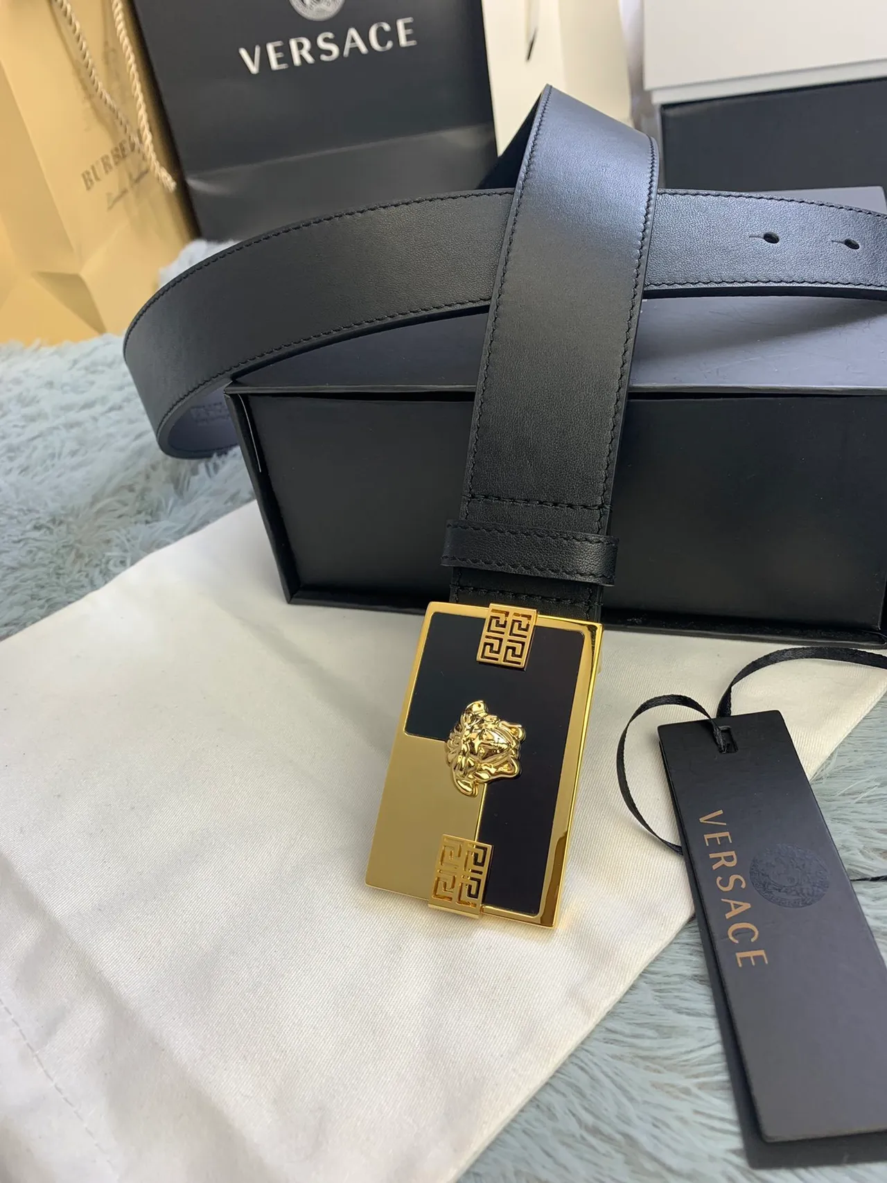 Versace Odissea Black Gold Smooth Rectangular Buckle Leather Belt 2