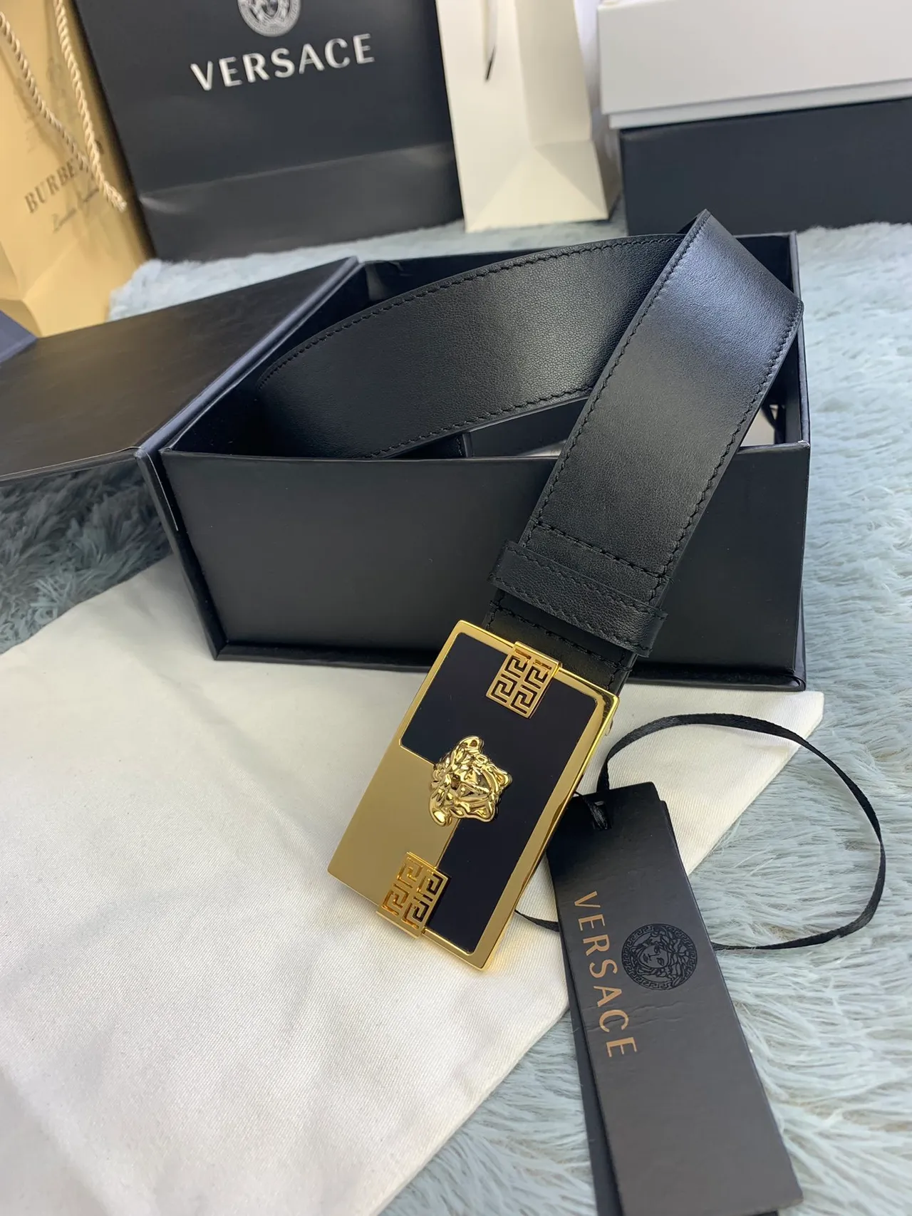 Versace Odissea Black Gold Smooth Rectangular Buckle Leather Belt 3