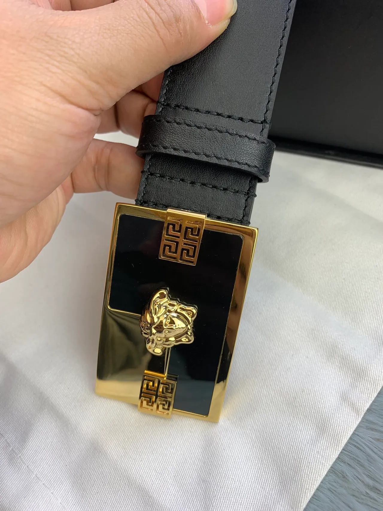 Versace Odissea Black Gold Smooth Rectangular Buckle Leather Belt 4