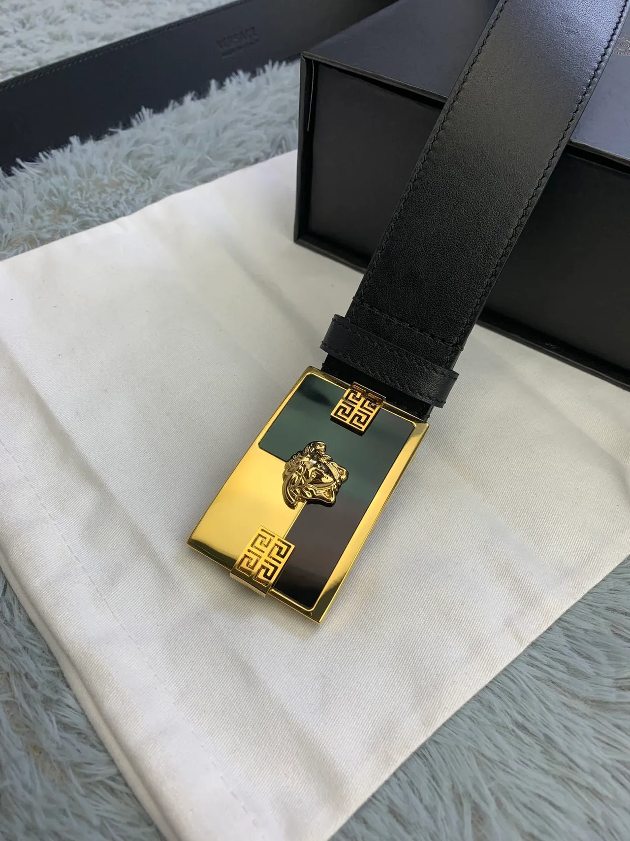 Versace Odissea Black Gold Smooth Rectangular Buckle Leather Belt 5