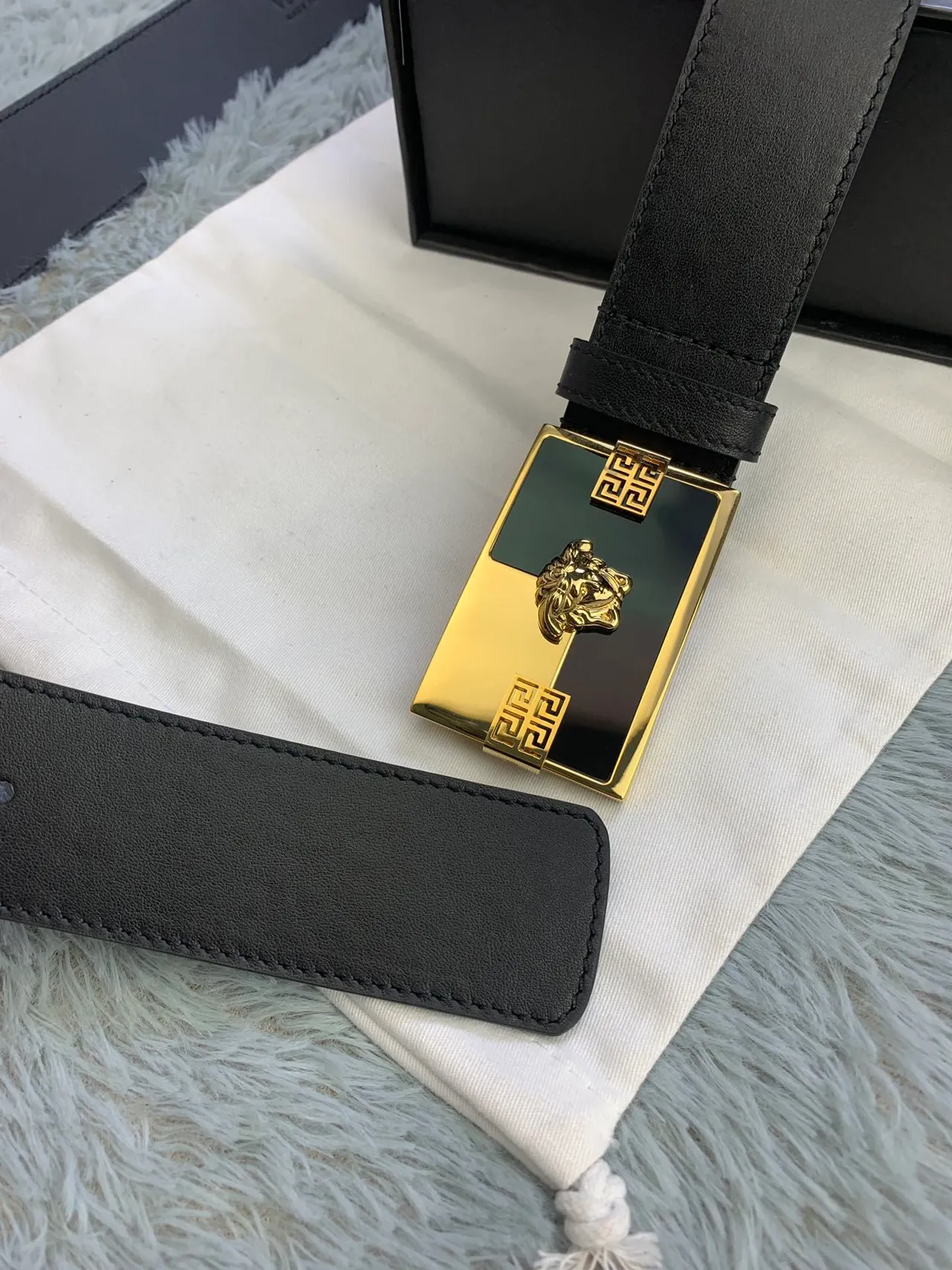 Versace Odissea Black Gold Smooth Rectangular Buckle Leather Belt 6